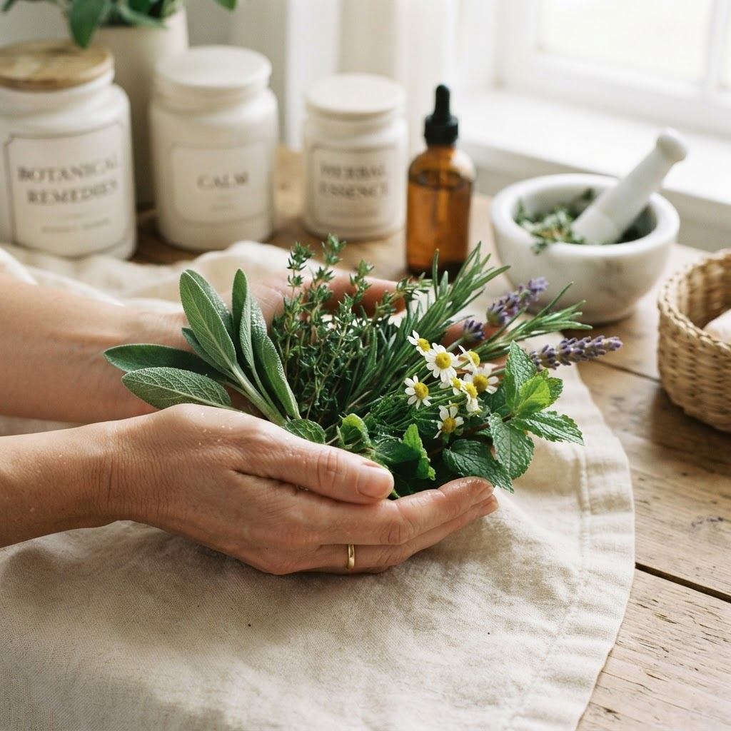 Fresh botanical wellness ingredients arranged in natural light